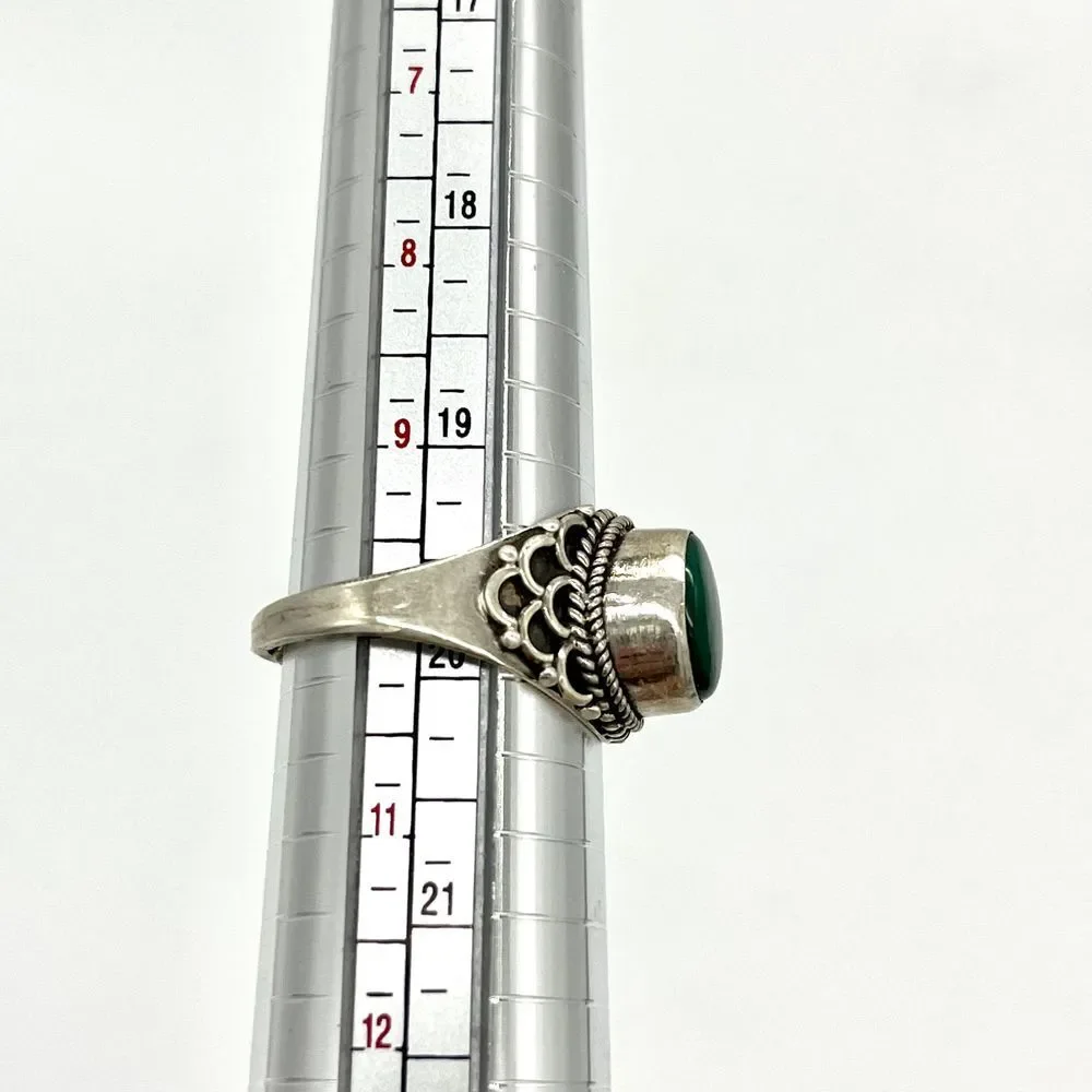 925 Sterling Silver Green Malachite Ring Boho Filigree Ornate Adjustable Size 10
